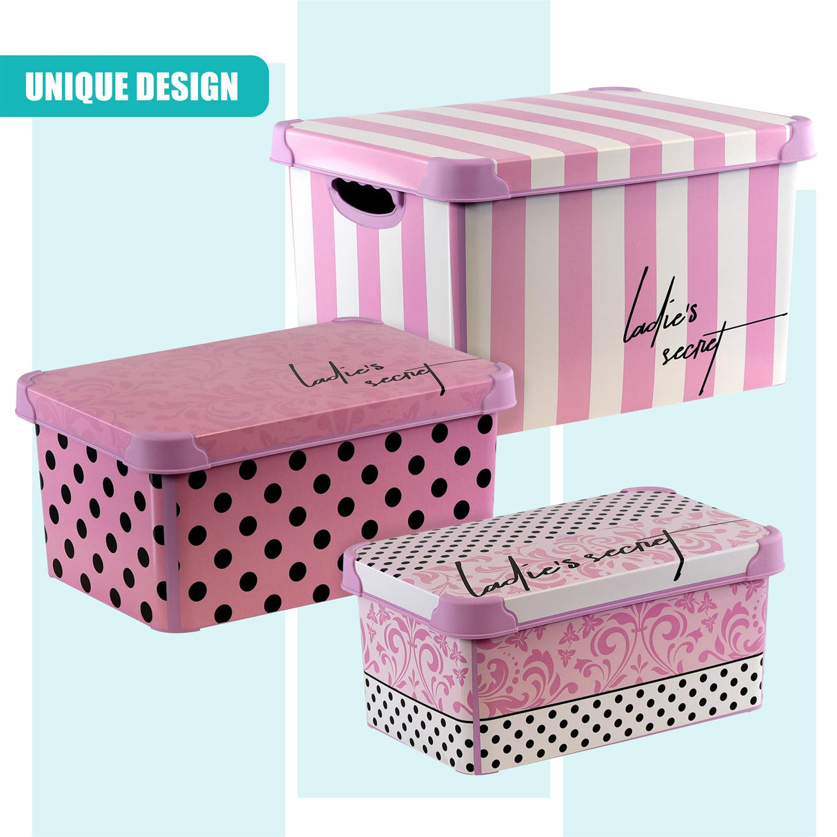 Pink Storage Boxes with Lids - Set of 3 by GEEZY - UKBuyZone