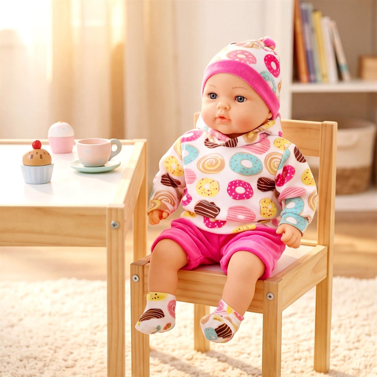 A baby doll in a donut-pattern top and pink outfit sits on a wooden chair.