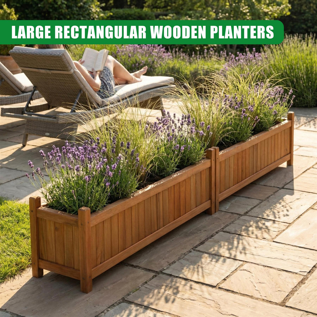 Wooden Large Rectangular Planters 2 Pack