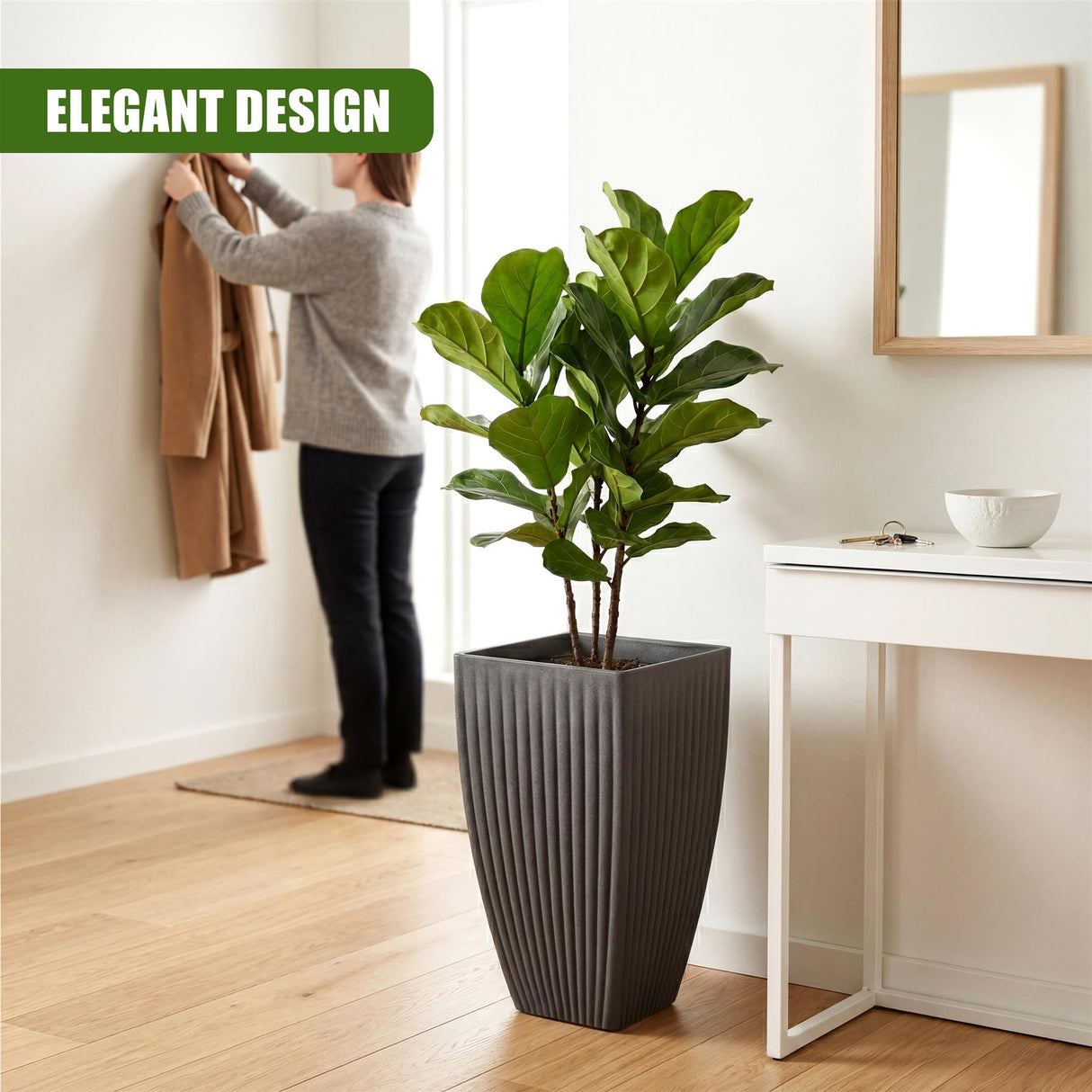 Tall gray square planter with vertical ribs holding a large, vibrant green indoor houseplant.