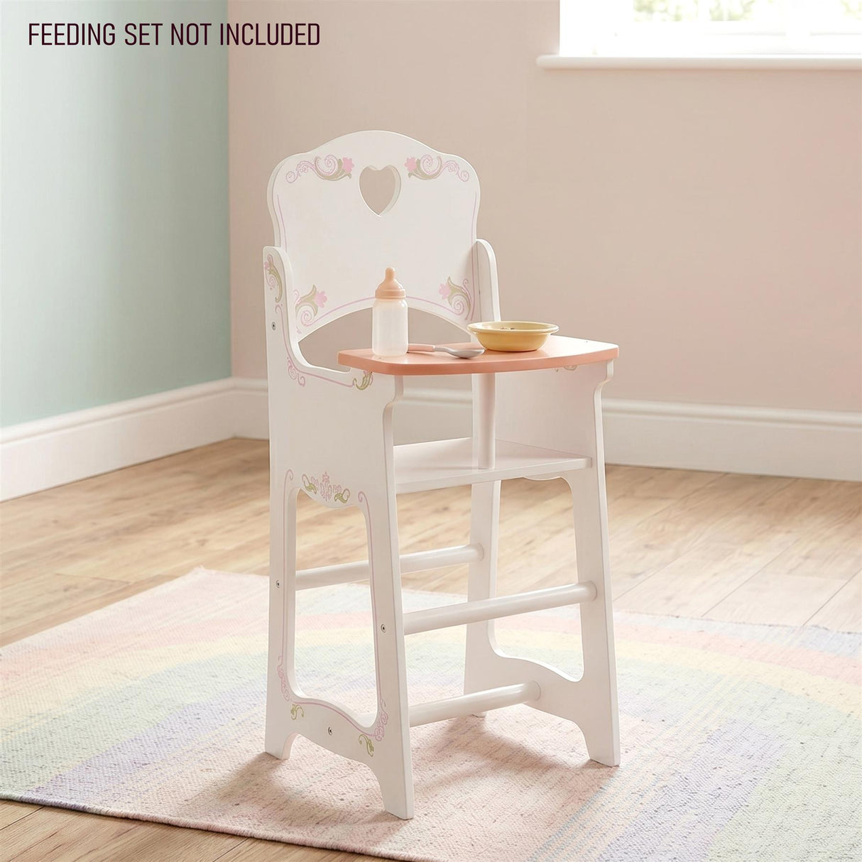 White wooden doll high chair and attached table with a miniature crib play set.