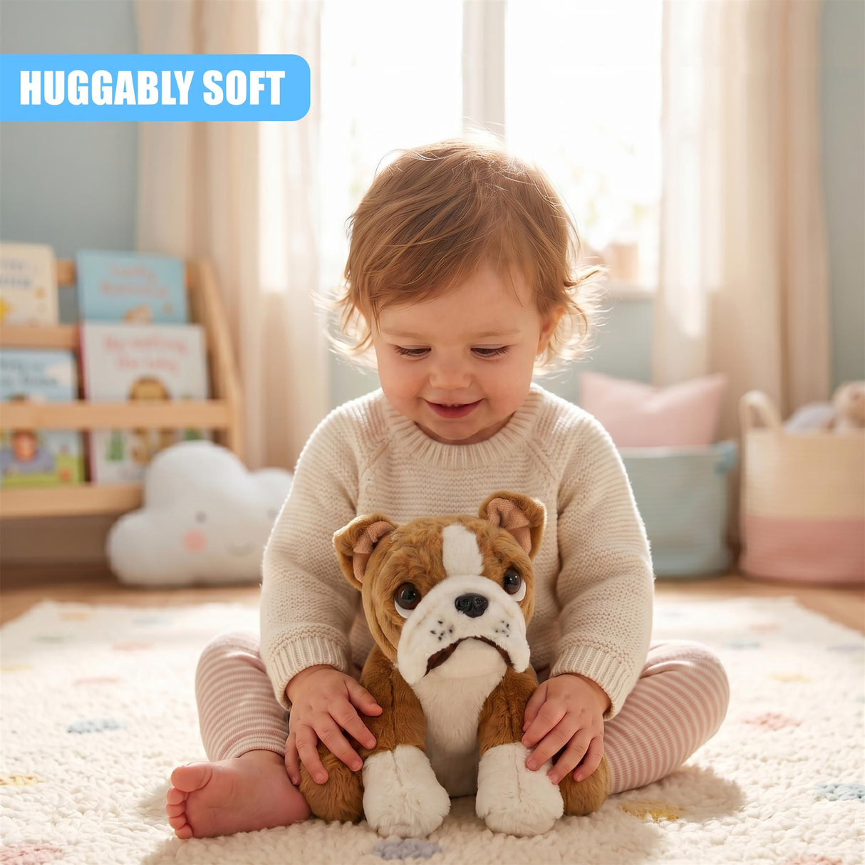 A toddler sits playing with a soft brown British Bulldog stuffed animal.