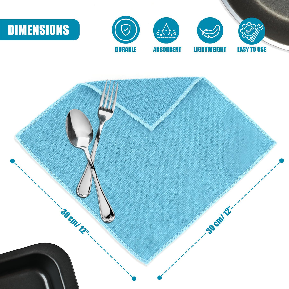 A blue microfiber cloth is displayed with a fork and spoon, showing 30 cm dimensions.