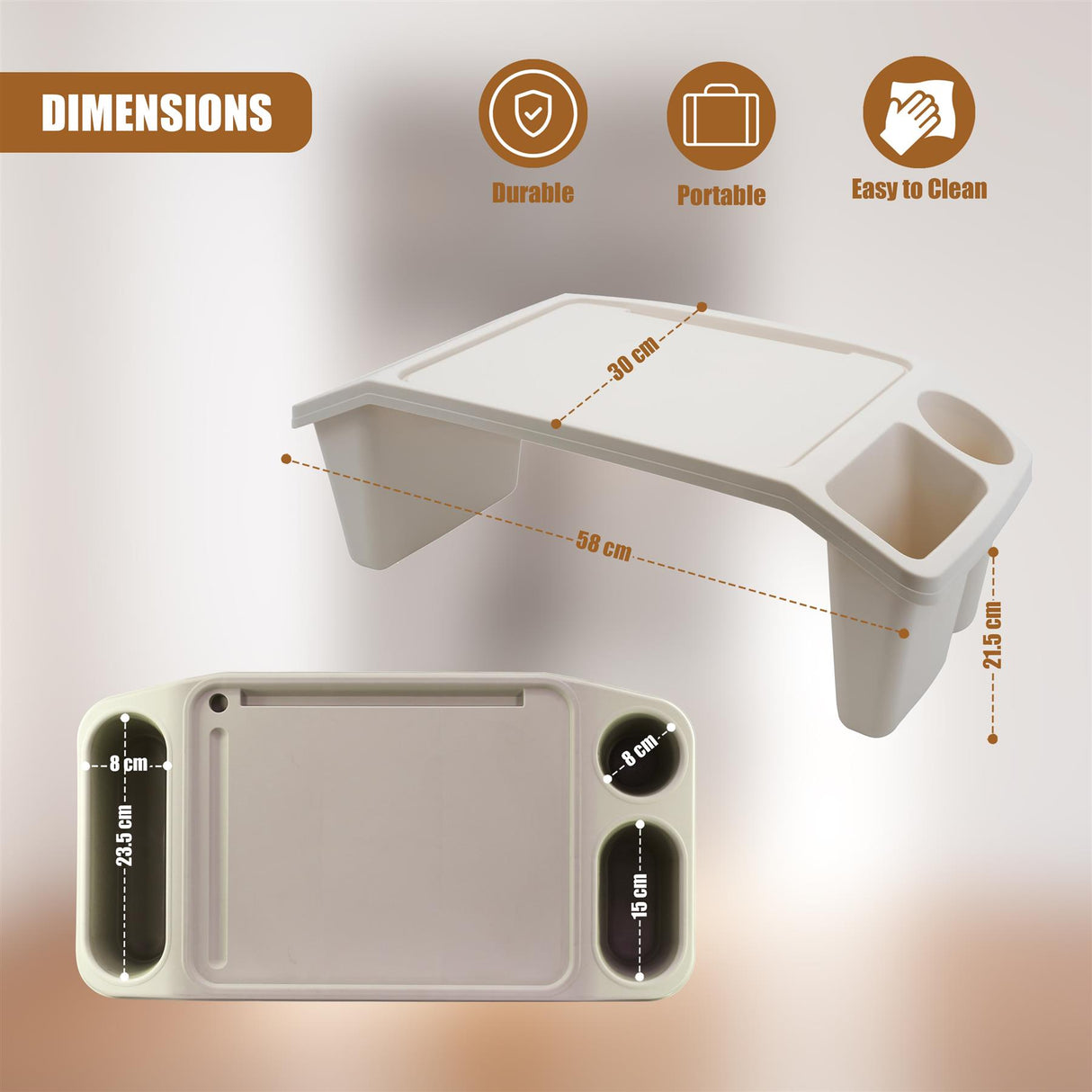 A white plastic tray table attached to a wall, complete with storage compartments and two cup holders. The table has a built-in drawer and a shelf for additional storage. It also features a paper towel holder on the side. The measurements indicate its dimensions are 68 x 30 cm. The design is simple and functional, perfect for saving space in small rooms or apartments. This tray table offers convenience and organization to any living area. - UKBuyZone