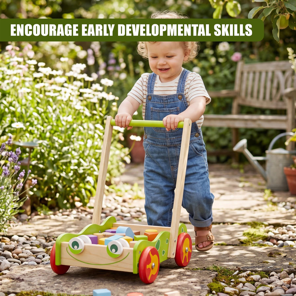 Wooden walker for toddlers featuring wheels, a handle, and a block compartment base.