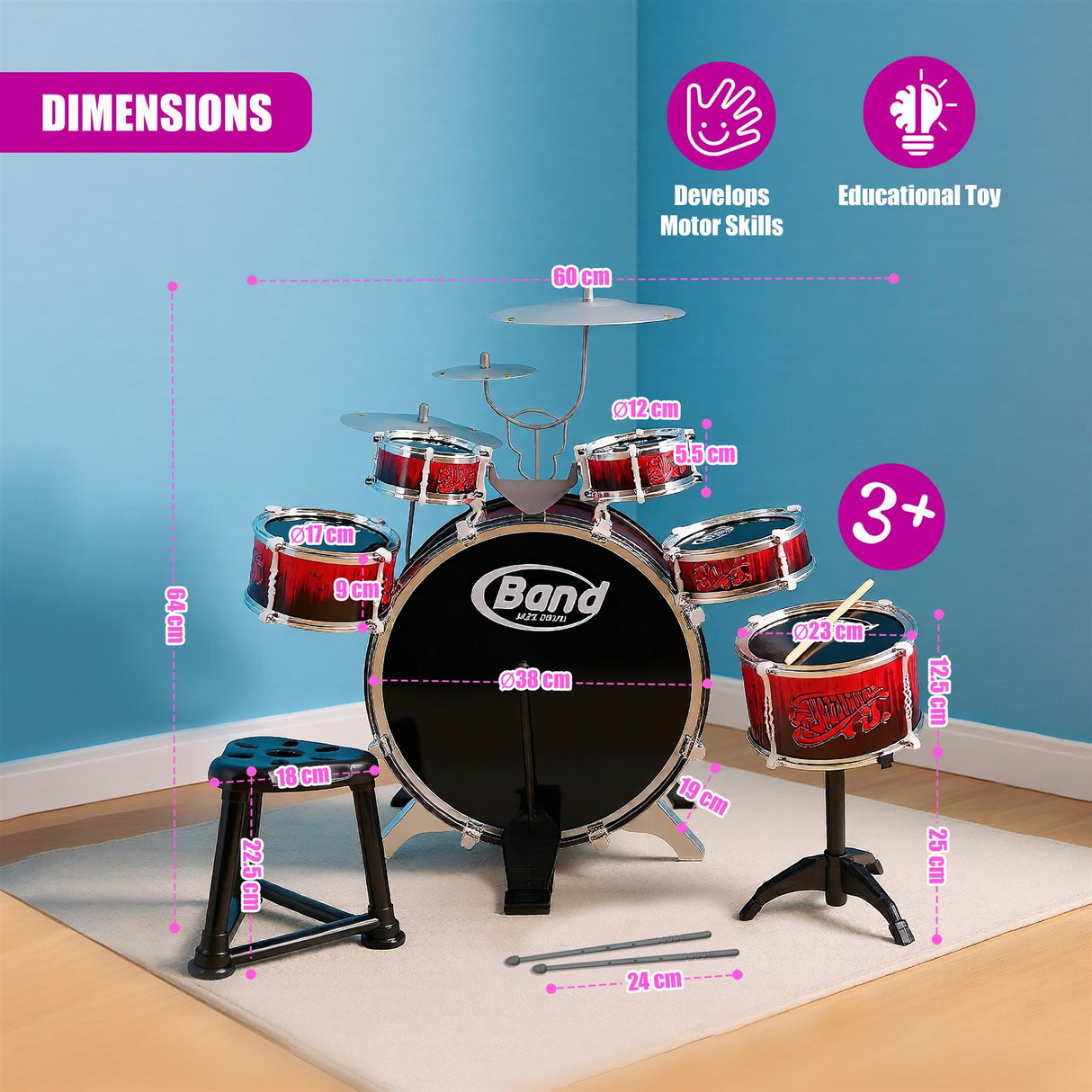 Kids 10 Piece Drum Kit With Stool
