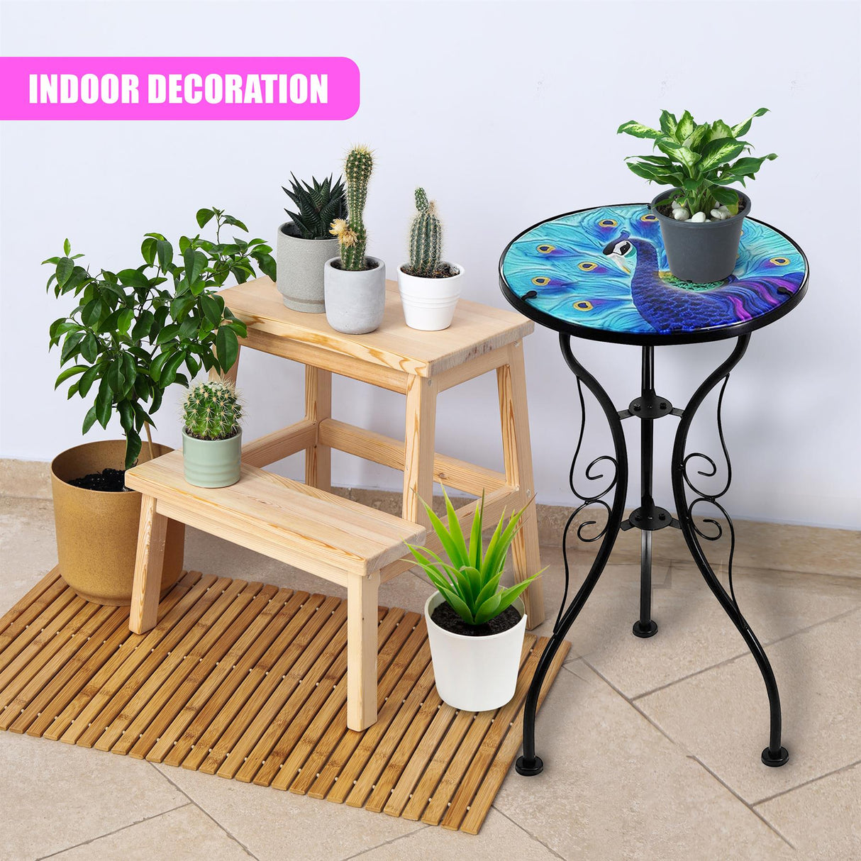 Round Side Mosaic Garden Table With Blue Peacock Design by Geezy - UKBuyZone