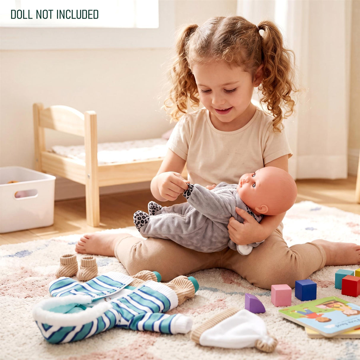 A set of doll clothes featuring blue stripes, gray koala print, and a solid knit hat.
