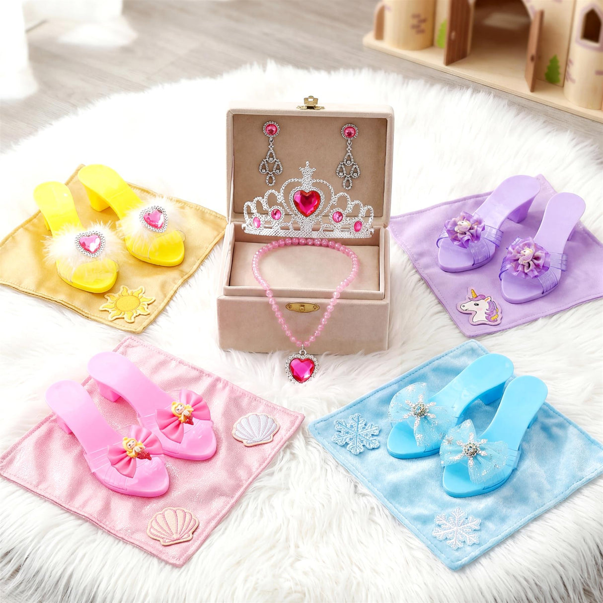Various colored play mats featuring shoe cutouts, a tiara, and necklaces displayed in a hinged jewelry box.