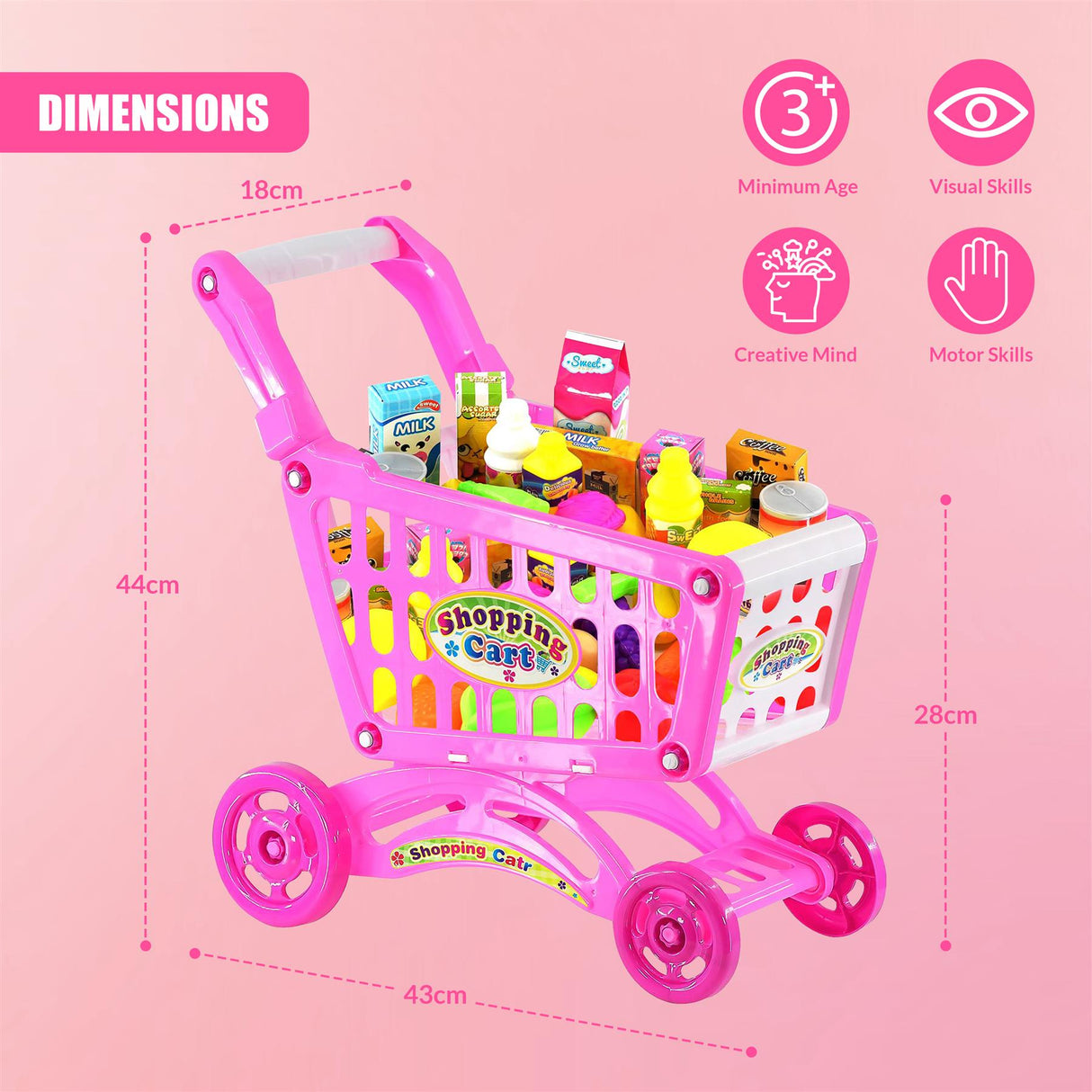 Pink Shopping Trolley Cart Play Food Set by The Magic Toy Shop - UKBuyZone
