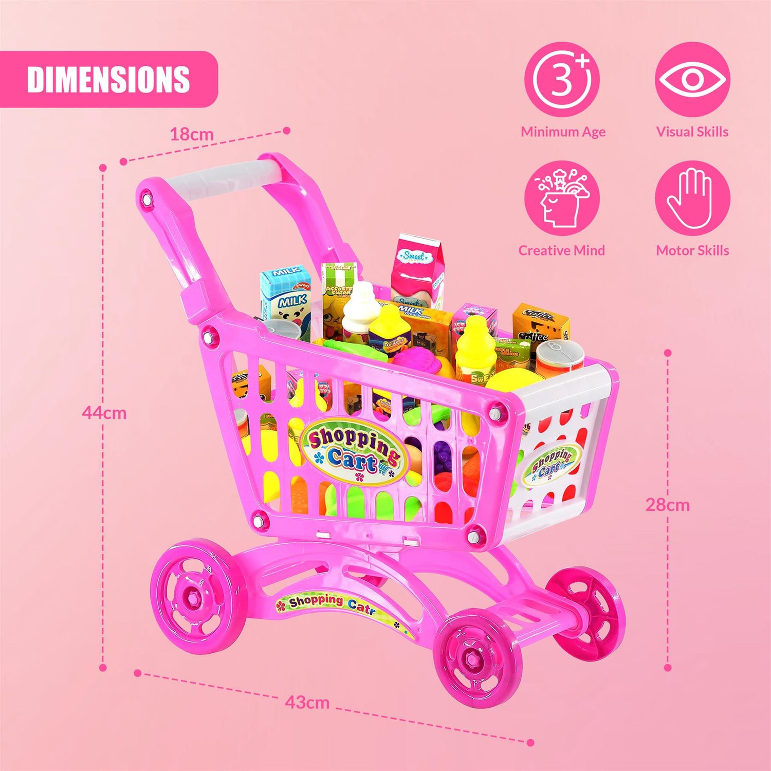 Pink Shopping Trolley Cart Play Food Set by The Magic Toy Shop - UKBuyZone