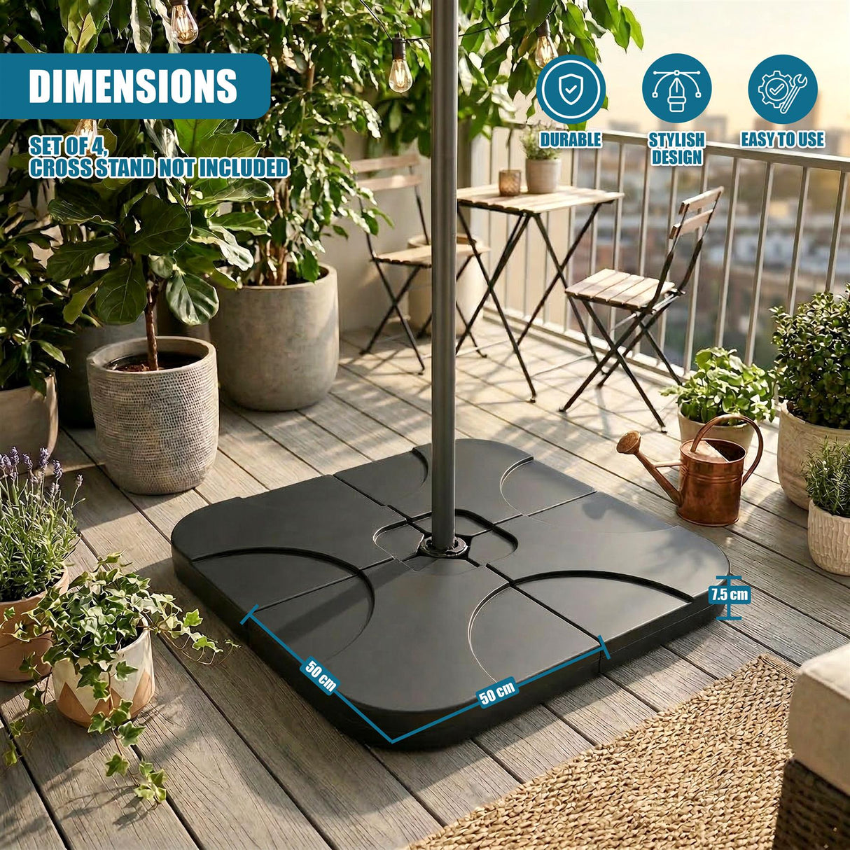 A square black cantilever parasol base measures 50 by 50 centimeters on a wooden patio deck.