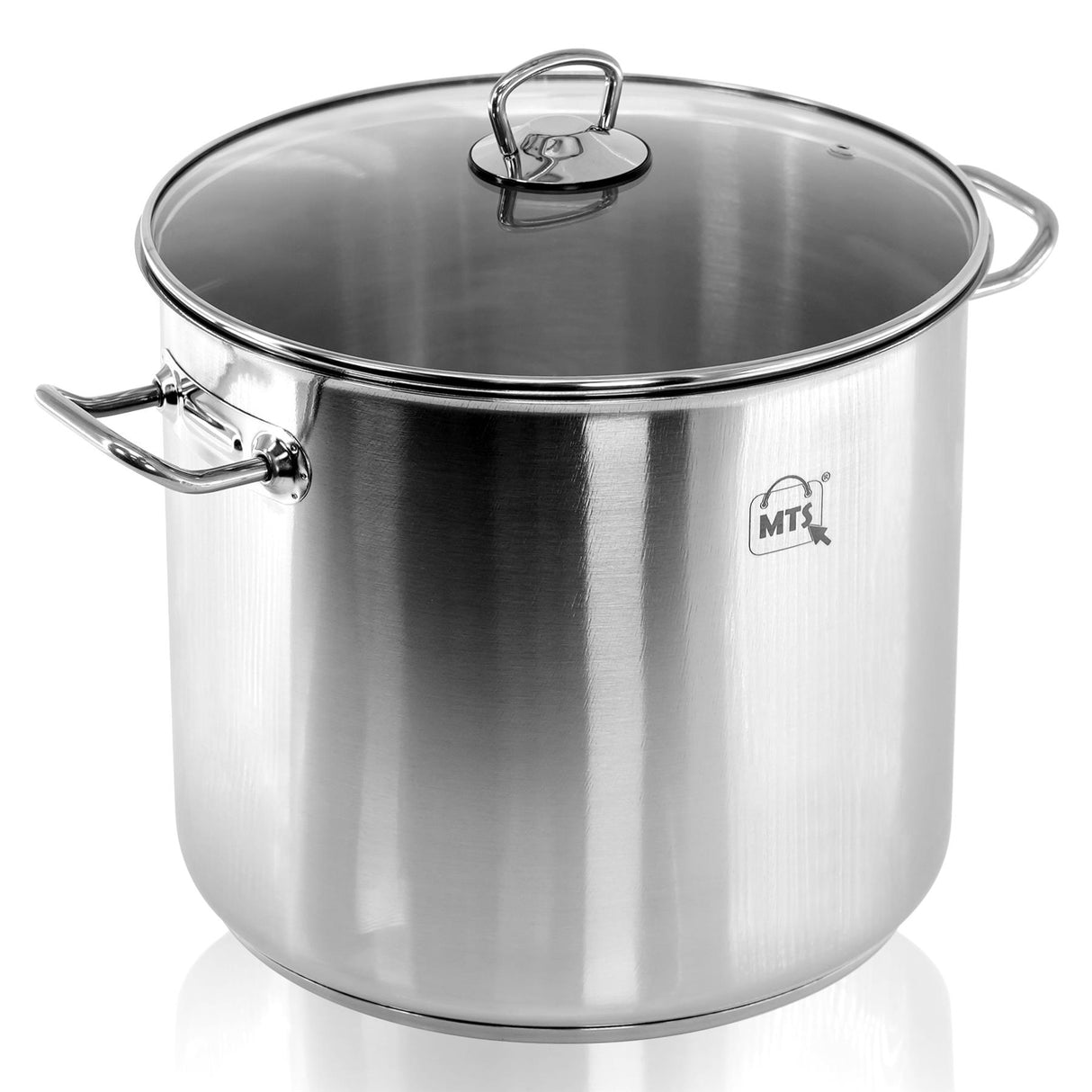 A stainless steel pot with a lid and two handles, featuring a shiny finish and a small MTS logo on the side. - UKBuyZone