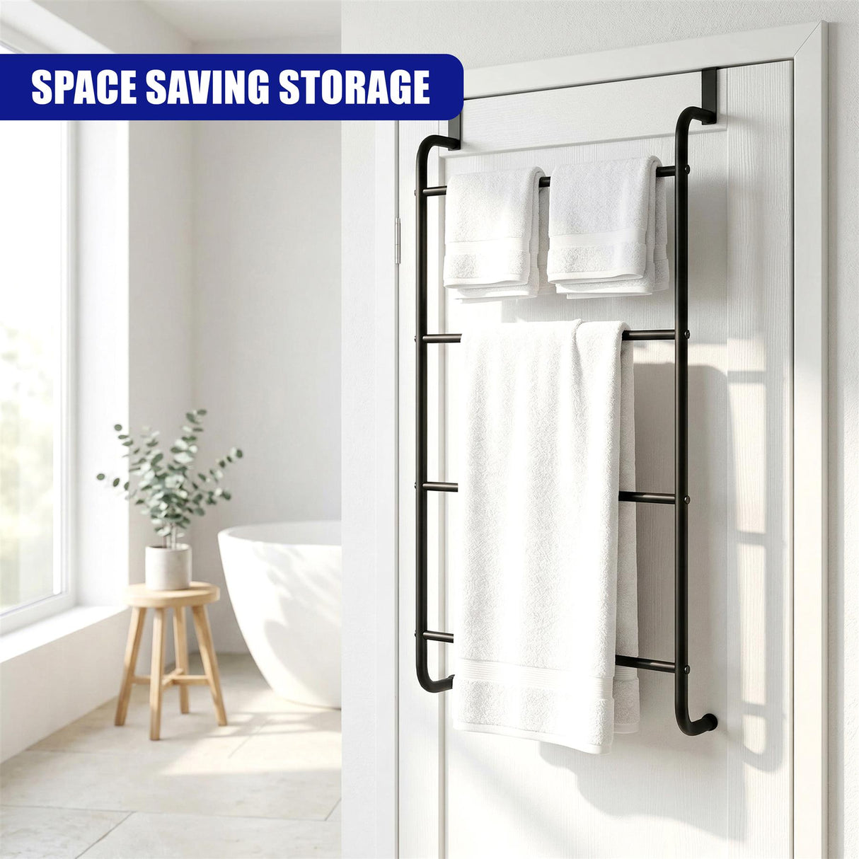A black towel rail hangs on a white door, holding multiple white towels for storage.