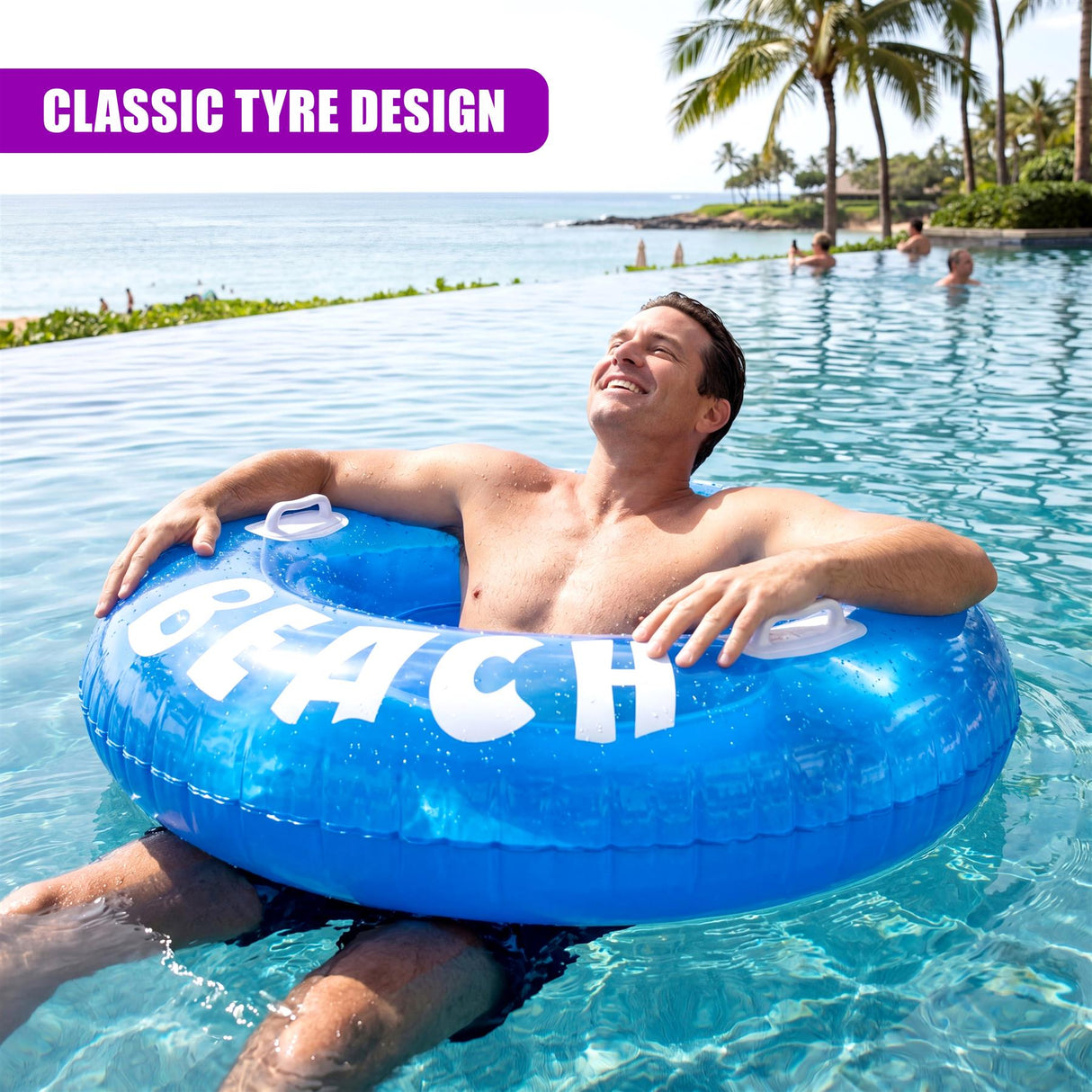Man floating on a blue inflatable ring marked with the white letters "BEACH."