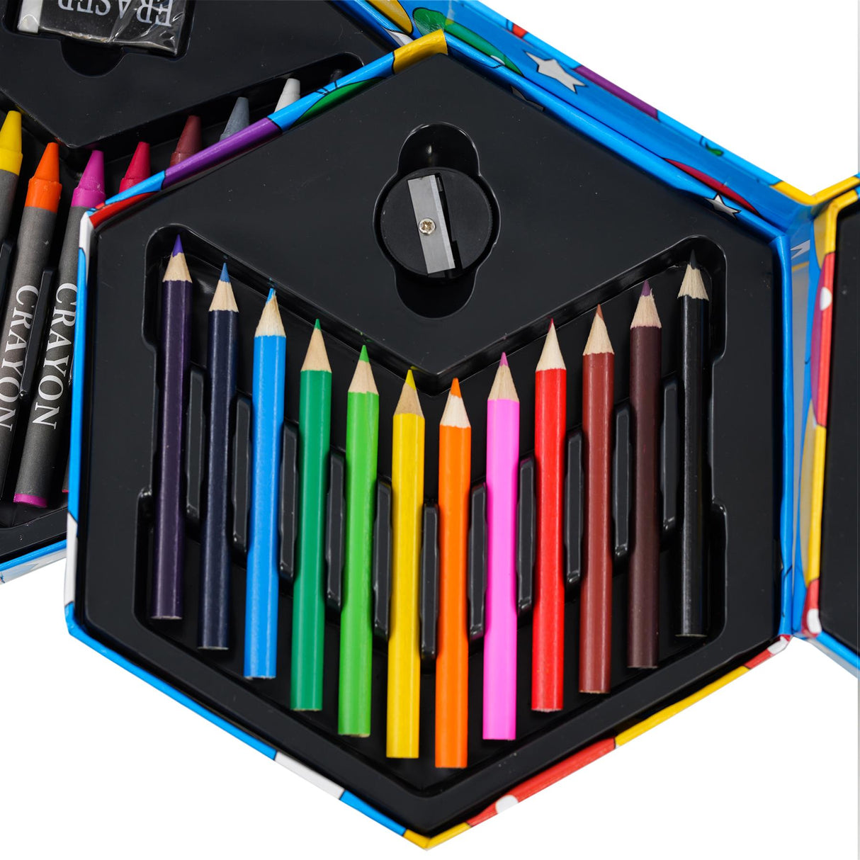 Open art set case containing several dozen colored crayons, organized and visible inside.