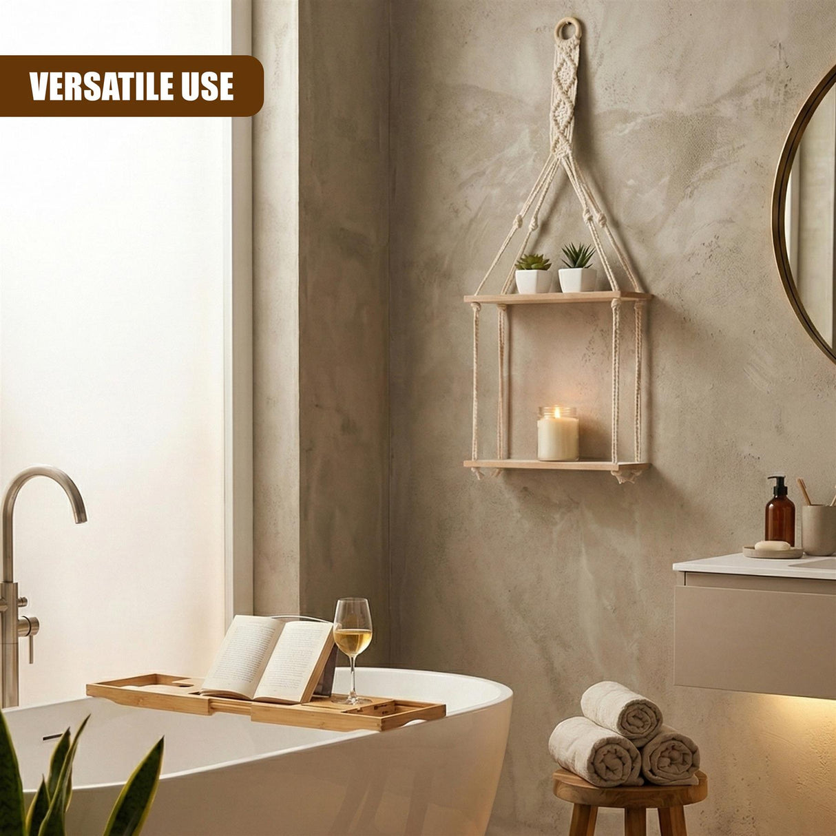 2 Tier Macrame Hanging Wall Shelf