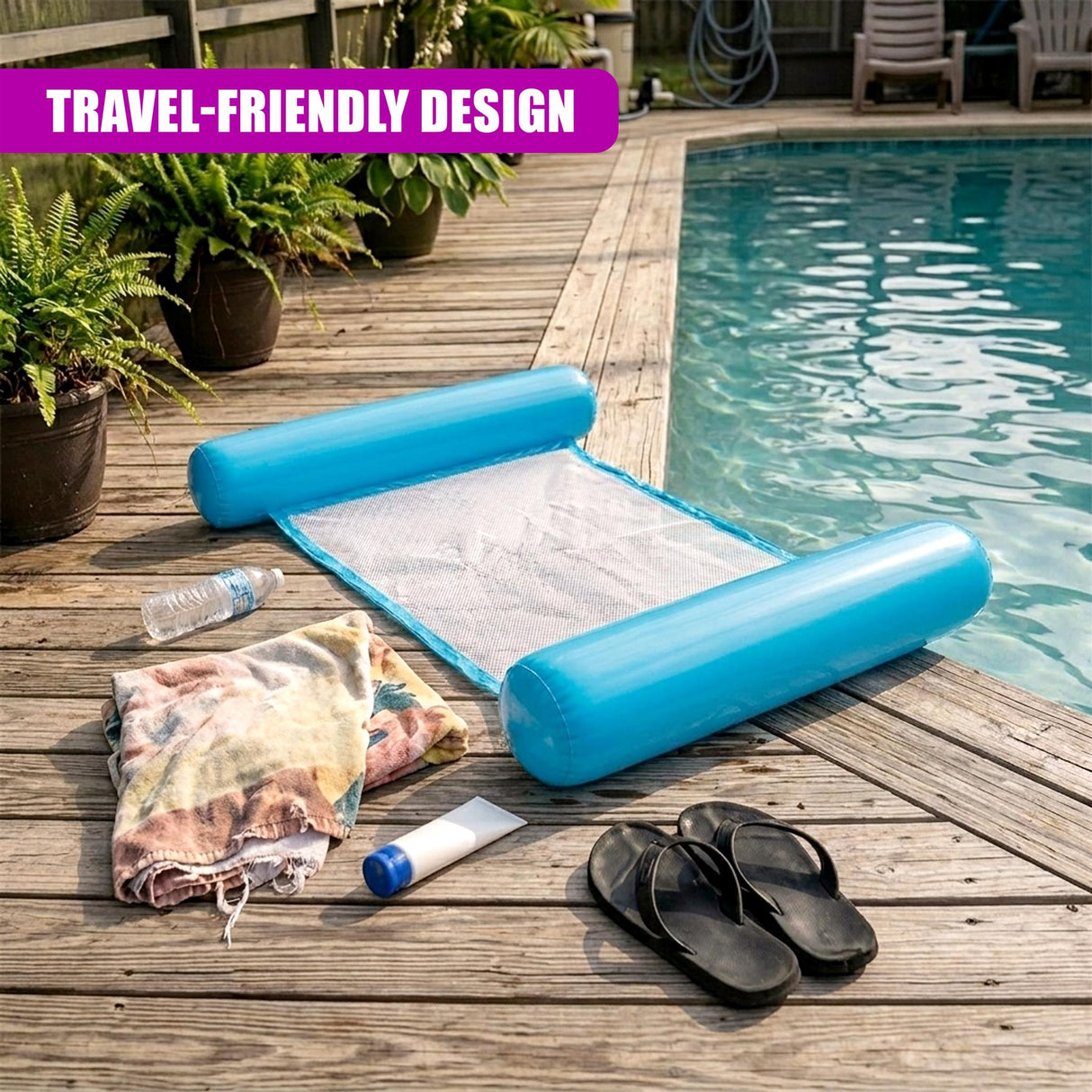 Blue inflatable hammock mats, towels, sandals, and toiletries are placed on wooden pool decking.
