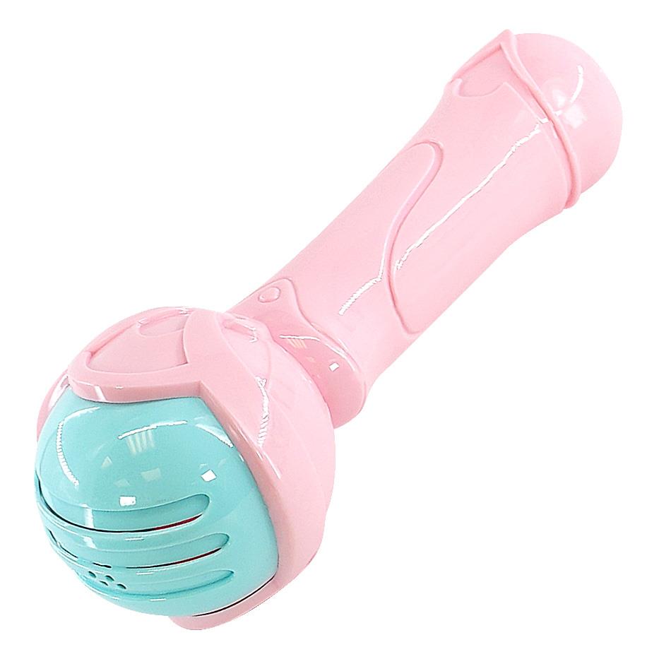 A pink, handheld, battery-powered device with a blue, round, rotating head and a pink, curved, handle-like body. - UKBuyZone