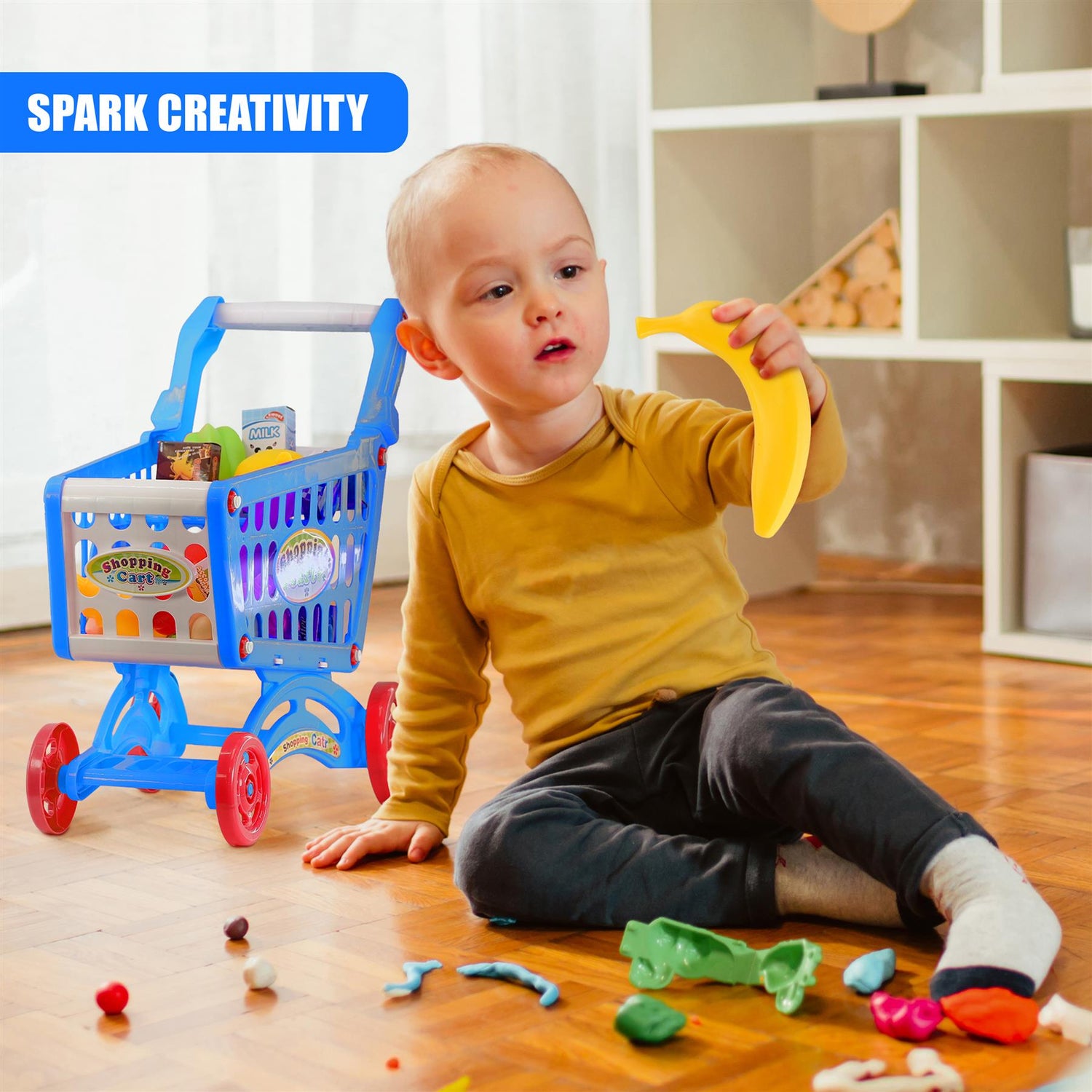 Blue Shopping Trolley Cart Play Food Set by The Magic Toy Shop - UKBuyZone