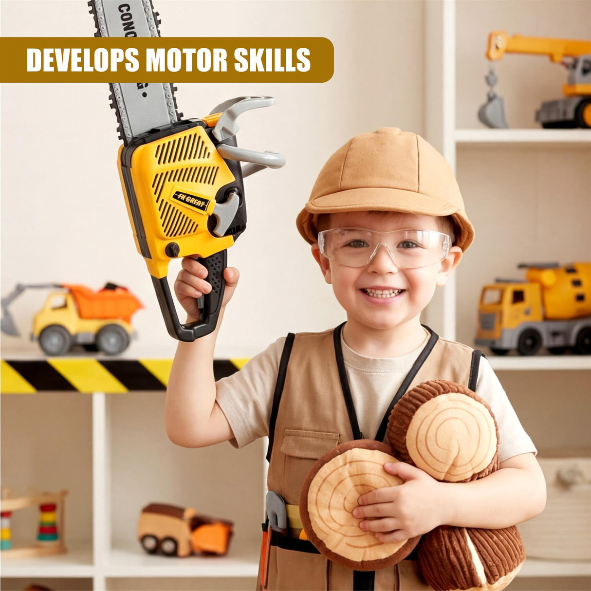 Young child wearing safety gear holds a yellow toy chainsaw and stack of round wooden discs.