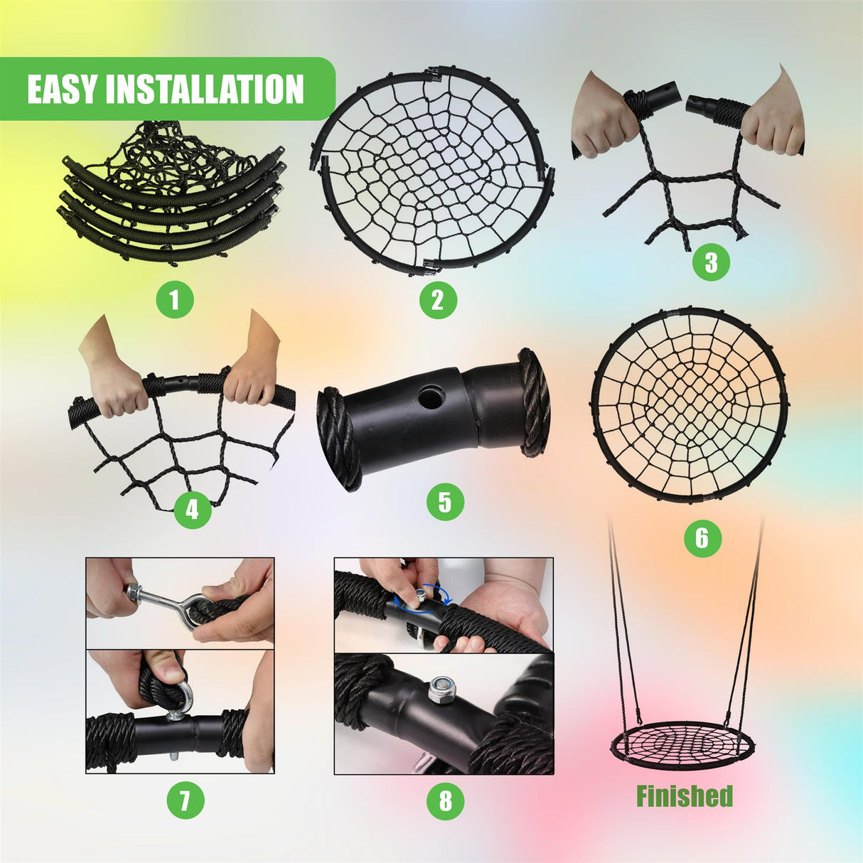 **Alt Text for Step 1:** Stacked metal rings and wires forming the initial frame structure.
**Alt Text for Step 2:** Large circular woven mesh net for the main swing seat.
**Alt Text for Step 3:** Connecting support ropes to the suspension points on the net.
**Alt Text for Step 4:** Netting structure suspended by connected support ropes.
**Alt Text for Step 5:** Black cylindrical support pole segment.
**Alt Text for Step 6:** Fully assembled mesh net hanging from attached suspension ropes.
**Alt Text for St