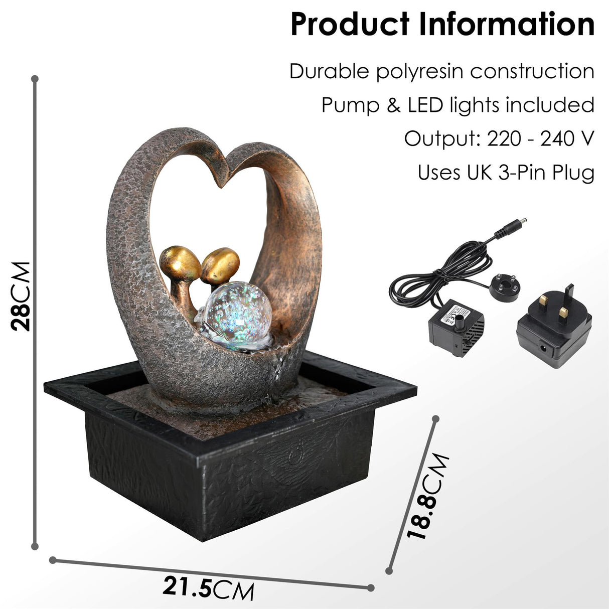 Heart Water Feature Indoor With LED by GEEZY - UKBuyZone