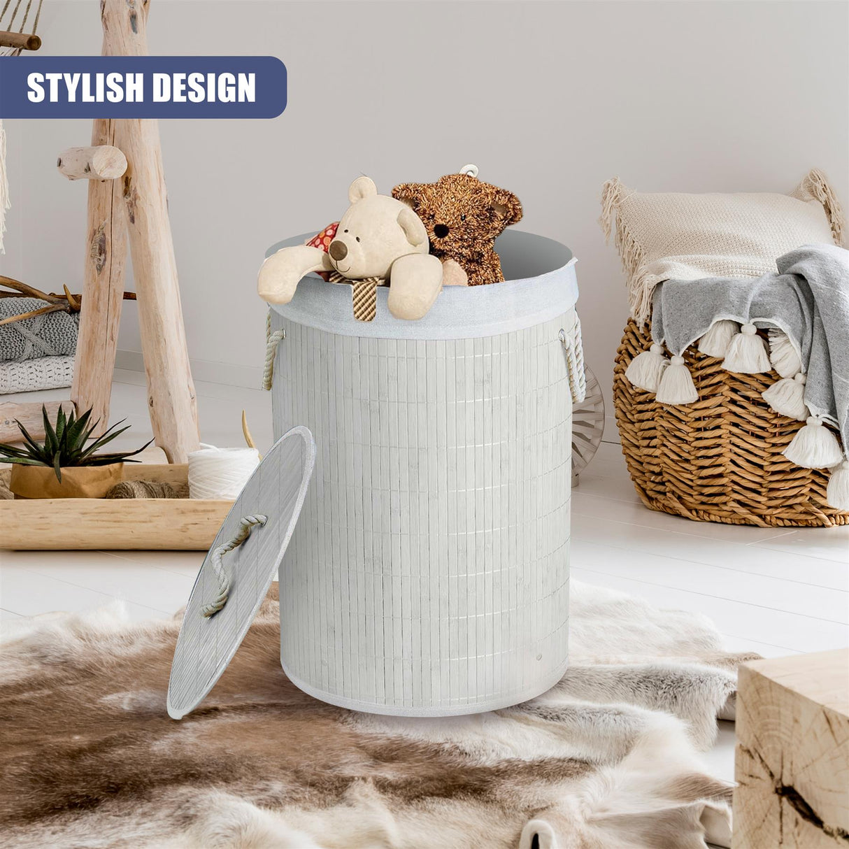 Round Bamboo Laundry Hamper with Lid, White by GEEZY - UKBuyZone