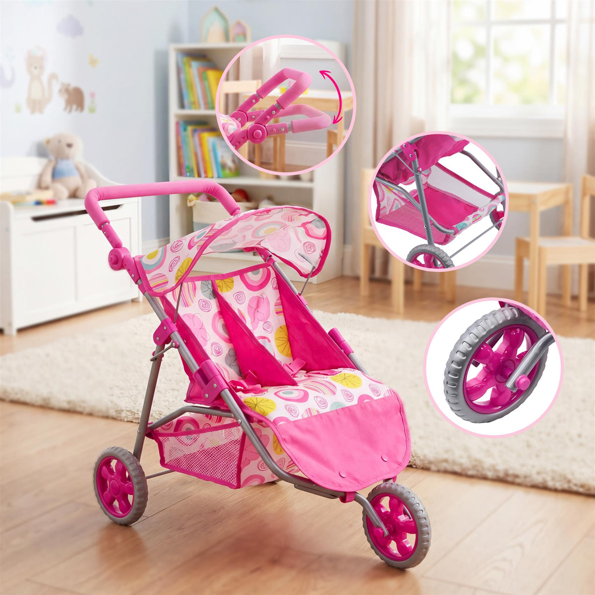 3 Wheeler Twin Doll's Pushchair, Pink