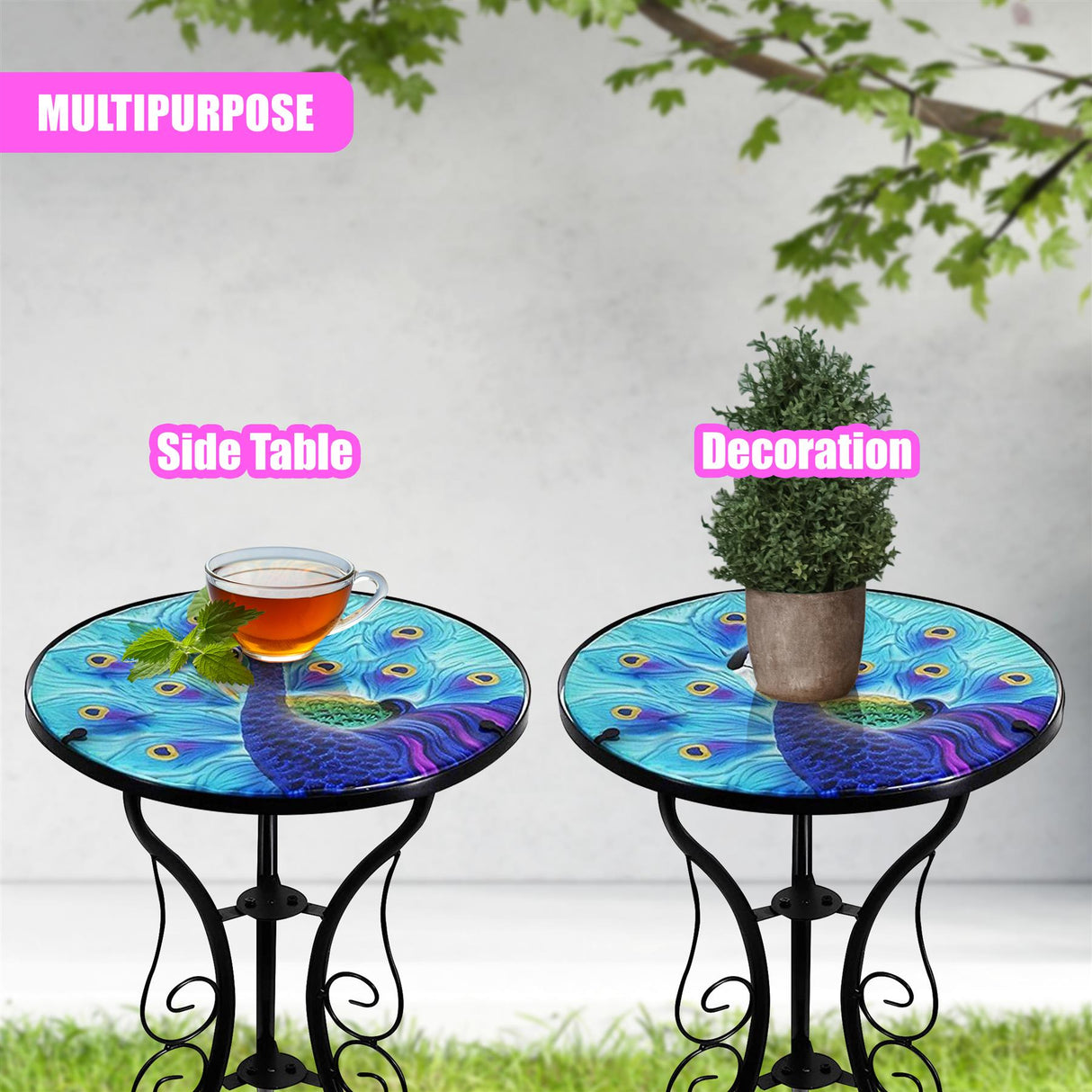 Round Side Mosaic Garden Table With Blue Peacock Design by Geezy - UKBuyZone