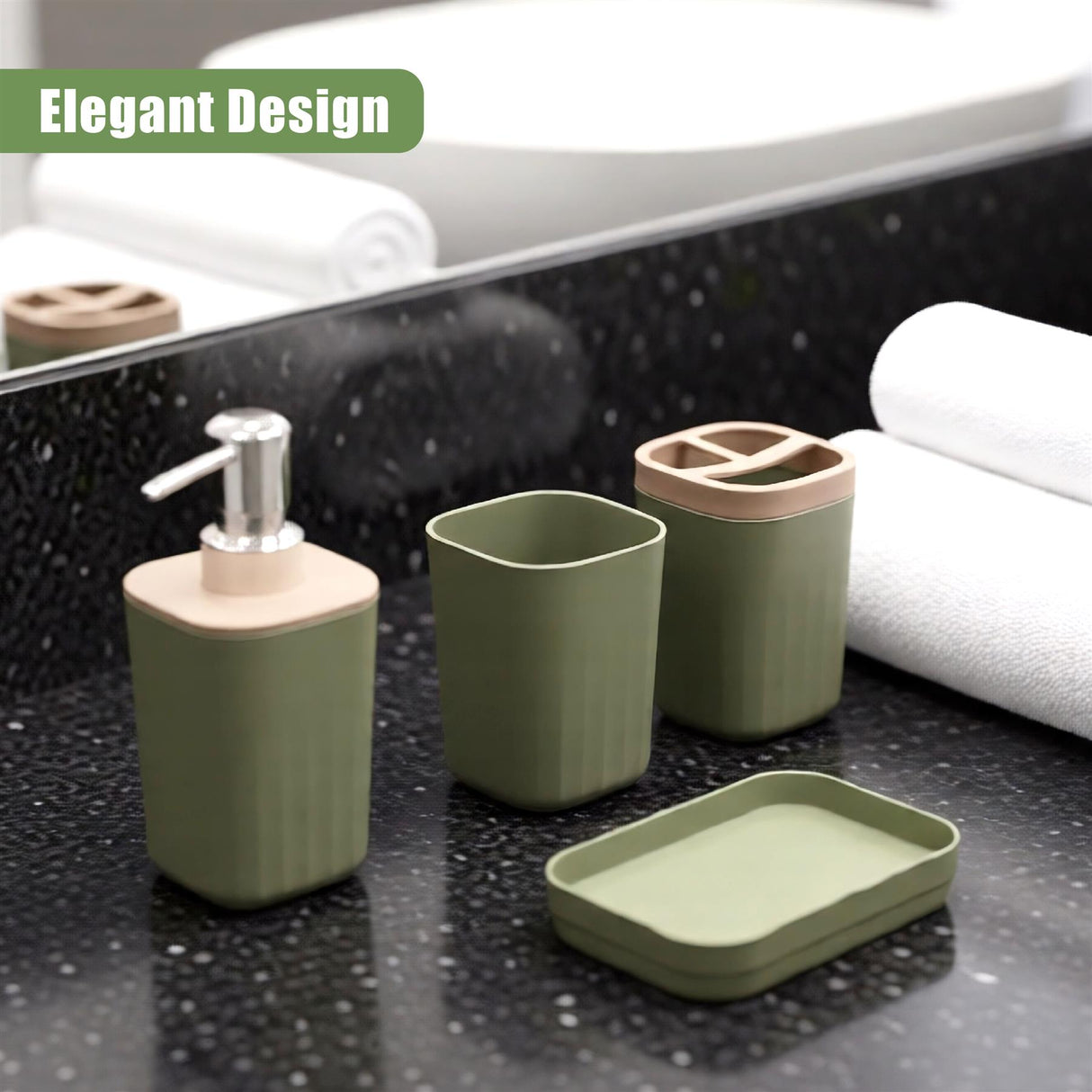 Set of matte green bathroom accessories including a dispenser, cup, soap dish, and container.