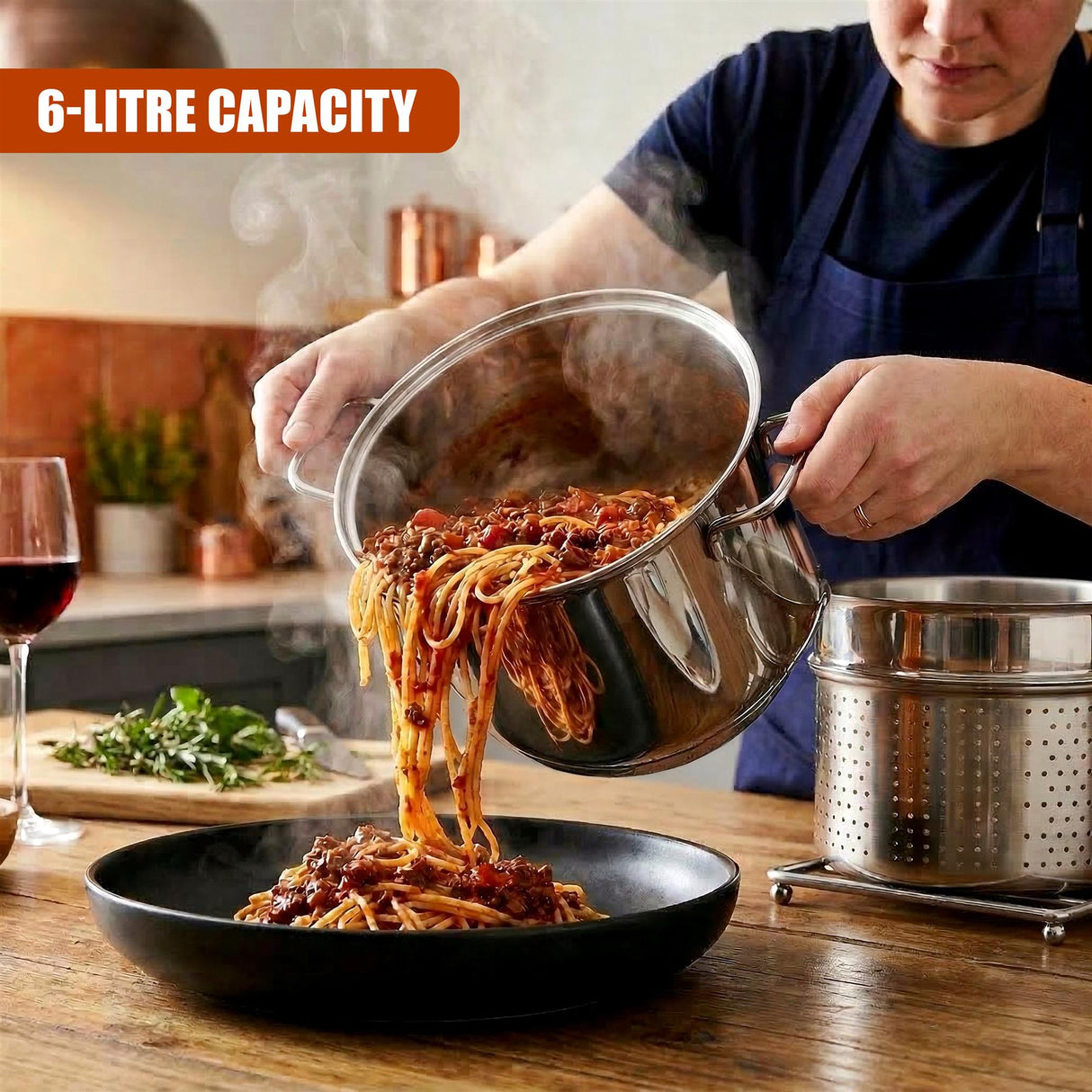 Cooked spaghetti streams from a pot into a black bowl near a visible stainless steel strainer.