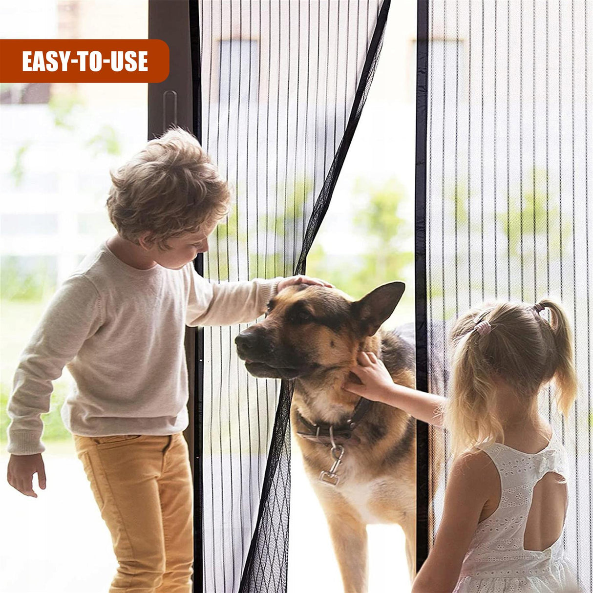 A boy and a girl pet a large dog through a window screen with vertical slats. - UKBuyZone