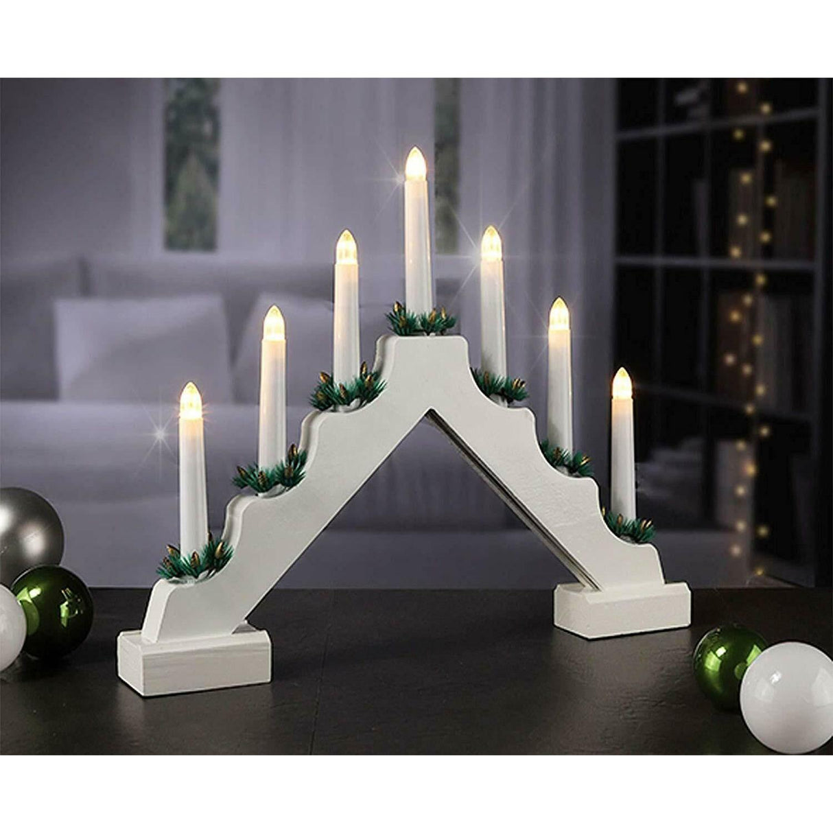 White Pre-Lit Wooden Candle Bridge With 7 Led Lights by GEEZY - UKBuyZone