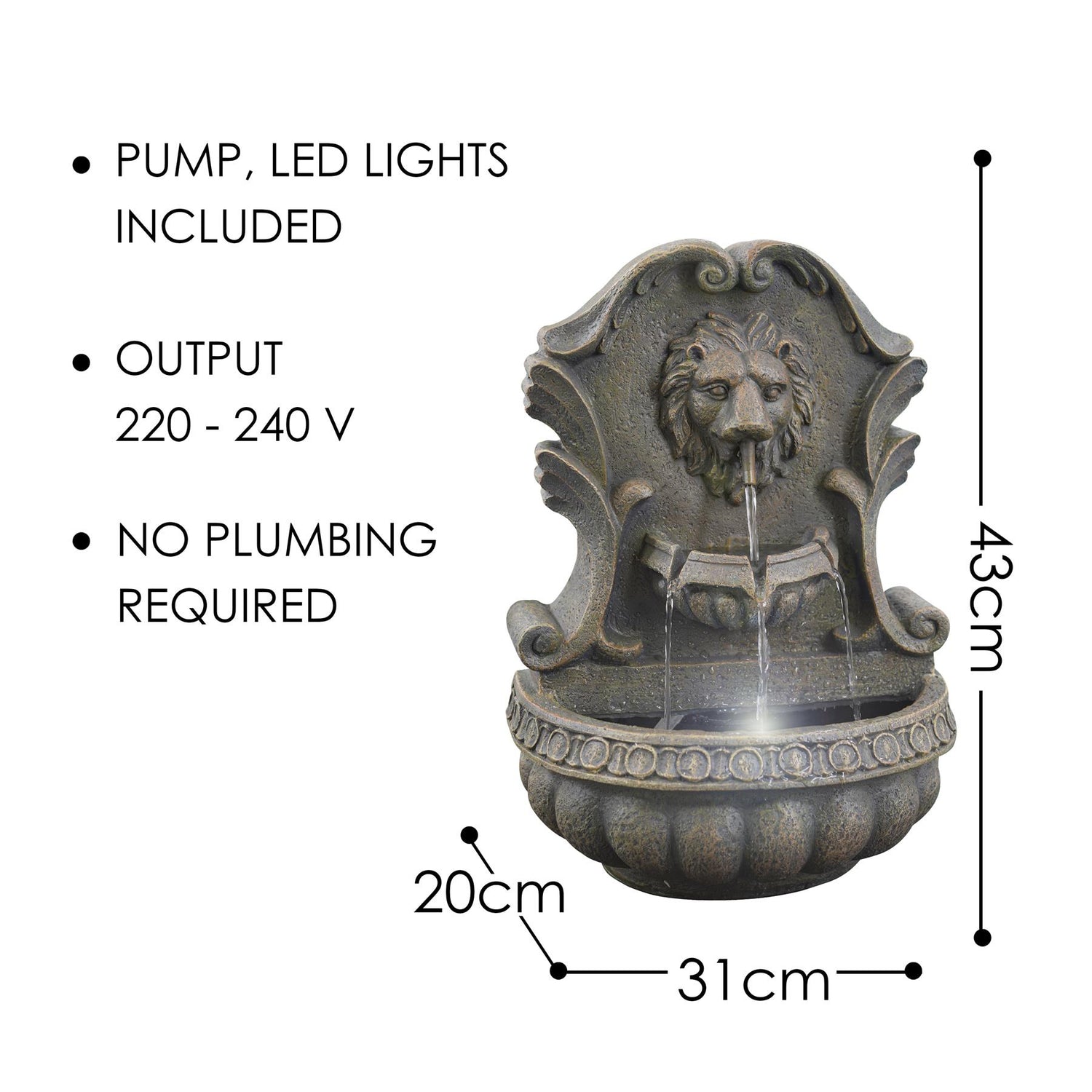 Lion Water Feature Outdoor With LED by GEEZY - UKBuyZone
