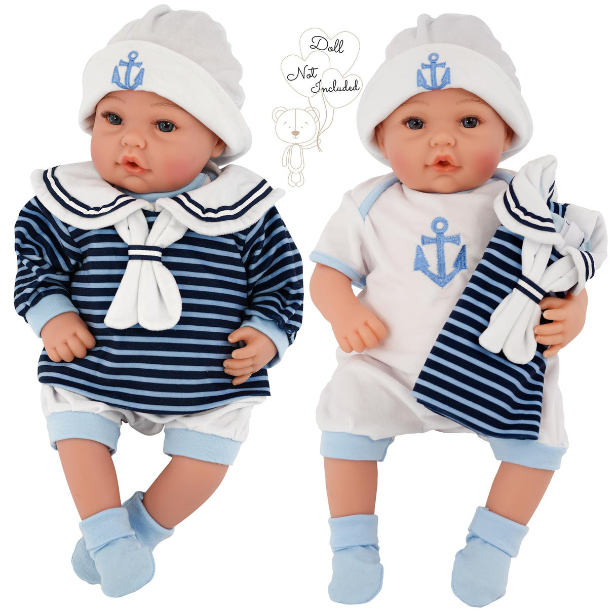 Set of two sailor outfits for dolls, featuring blue and white stripes and anchor details.