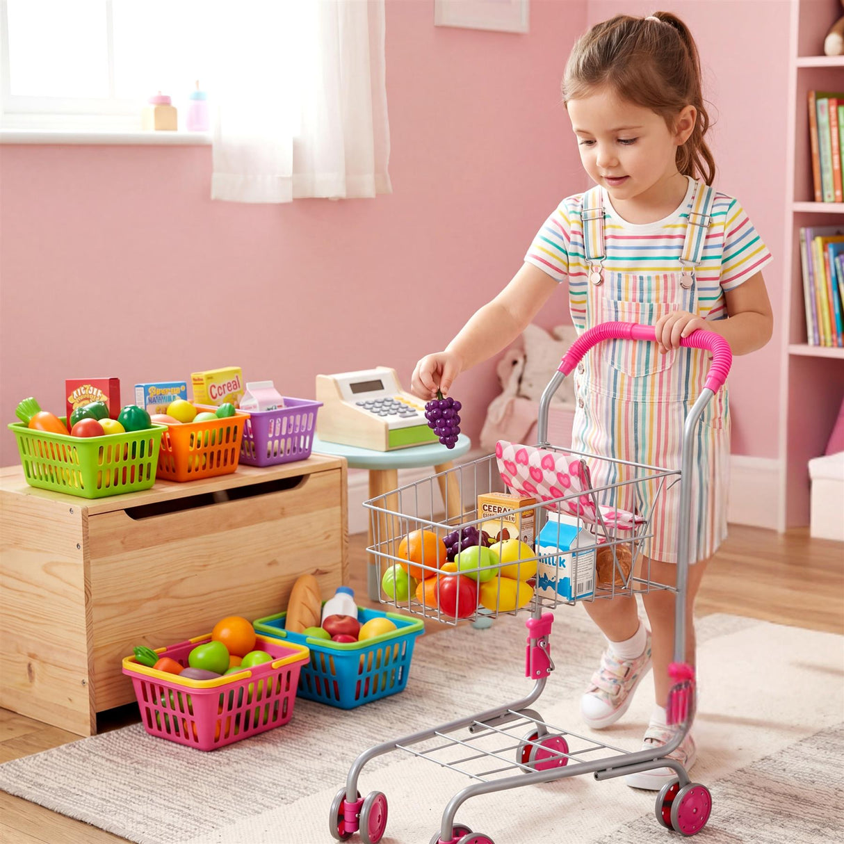 A young girl pushes a metal shopping cart filled with plastic play food and various colorful toys.