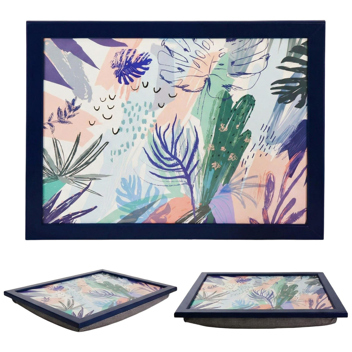 A colorful, rectangular tray with a vibrant, abstract design featuring various plants and a cactus. The tray has a sturdy, black frame and a flat, square base. - UKBuyZone