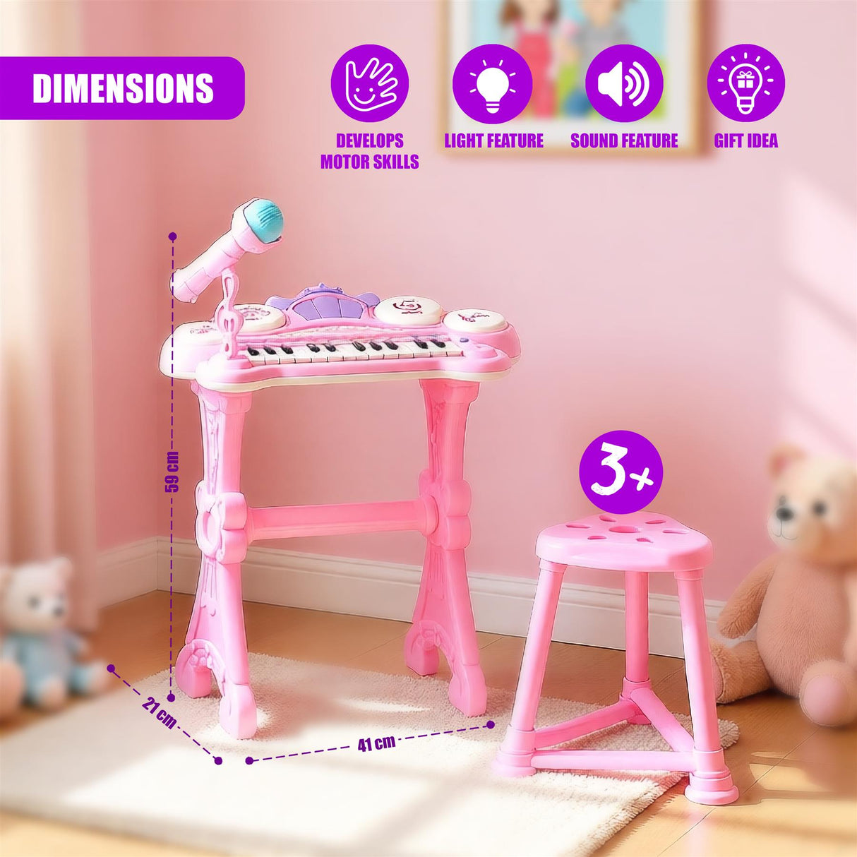 Pink Piano Toy with Microphone and Stool