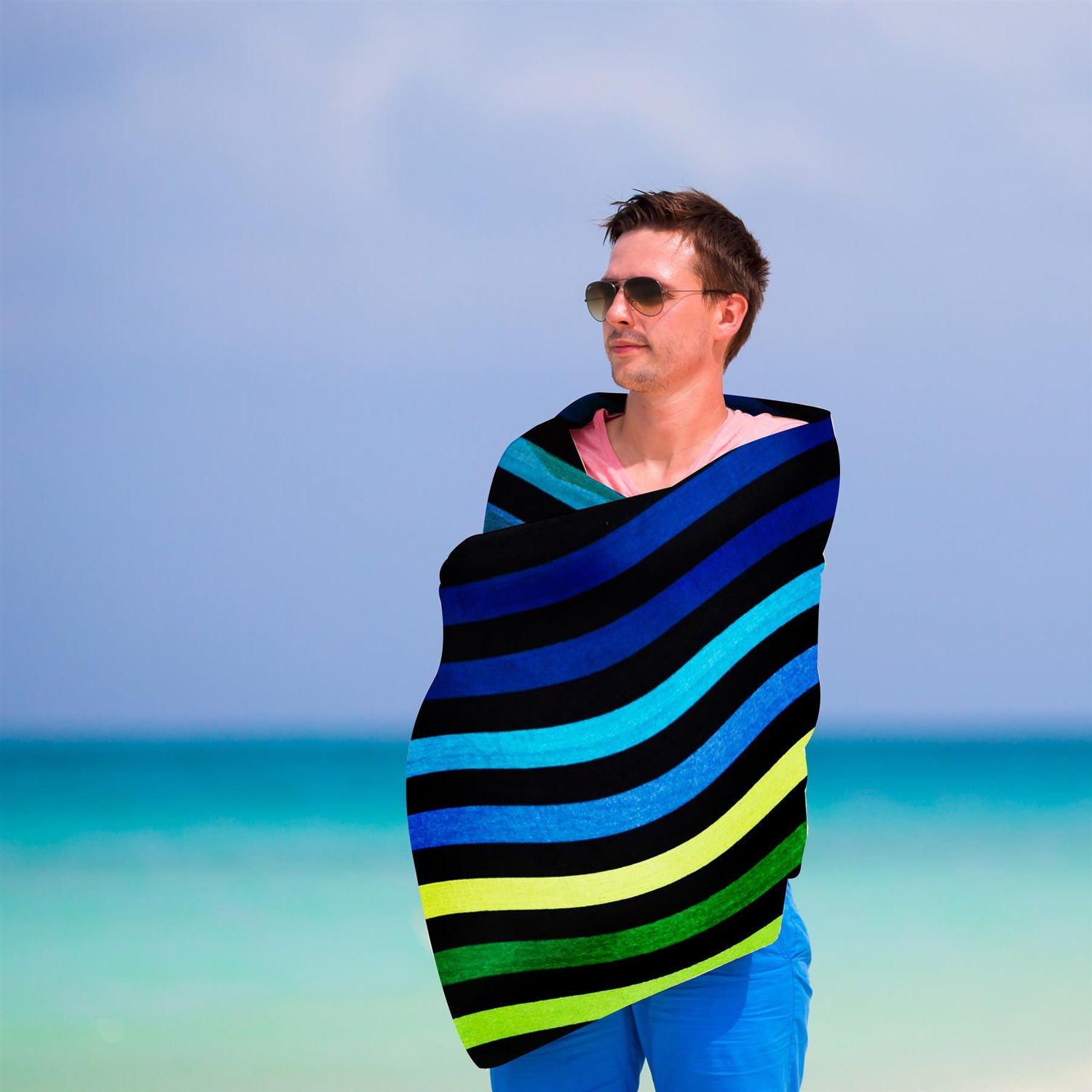 Velour Striped Beach Towel Blue Oasis by Geezy - UKBuyZone