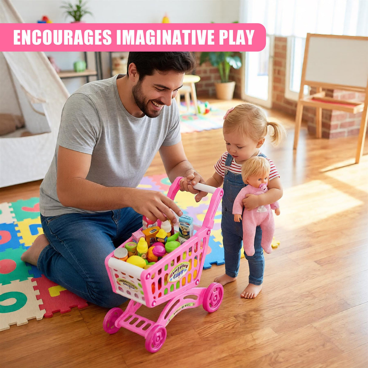 "Caption for this image: A playful shopping cart with a variety of colorful items to inspire imaginative play and learning." - UKBuyZone