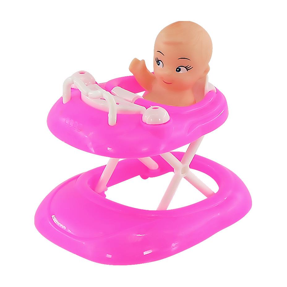Blonde baby doll placed on a pink station with a small tub and surrounding plastic play area.