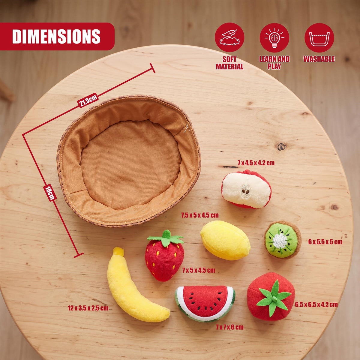 Fabric Fruit Basket Toy Set from The Magic Toy Shop on a wooden surface with seven plush fruits and a basket