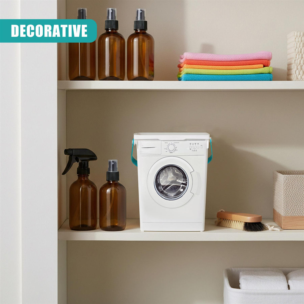 Shelf display featuring a washing machine, soap dispensers, and laundry accessories.