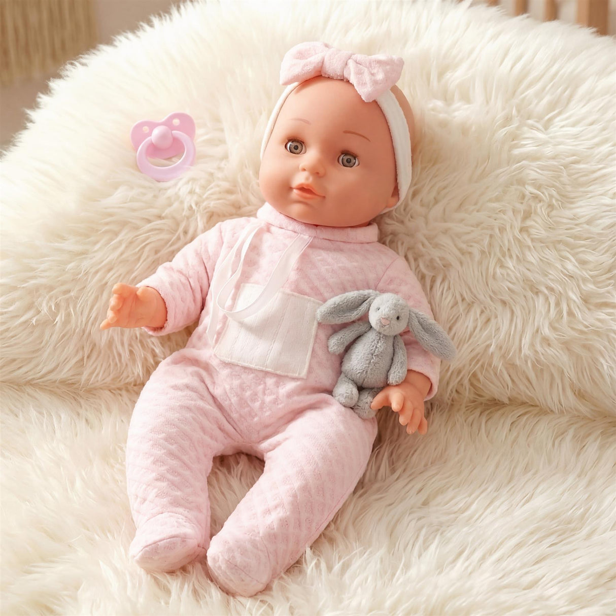 Doll in pink sleeper and headband sits on a white rug with a stuffed bunny toy nearby.