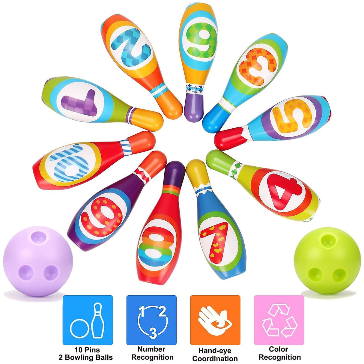 Colorful plastic bowling set featuring ten numbered pins and two purple and green balls.
