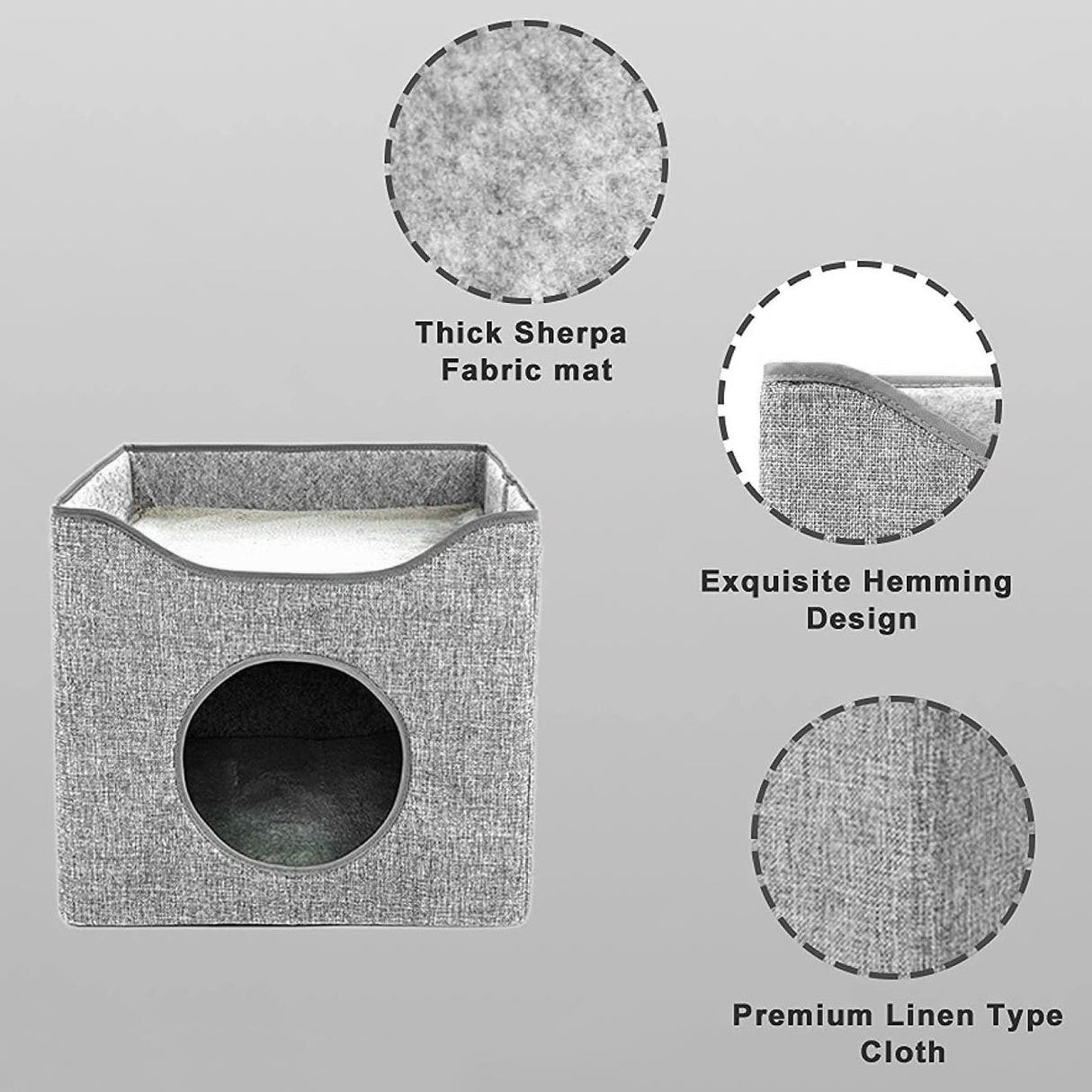 "A black and white cat house with gray lining, shown from various angles and a fabric mat." - UKBuyZone