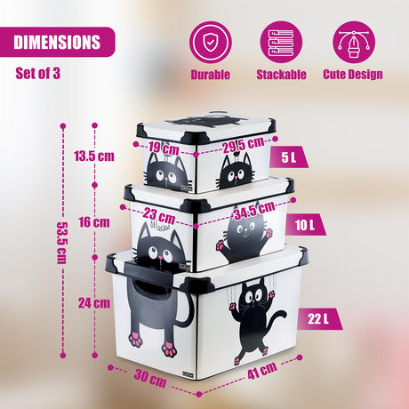 Cat Themed Storage Boxes with Lids - Set of 3 by GEEZY - UKBuyZone