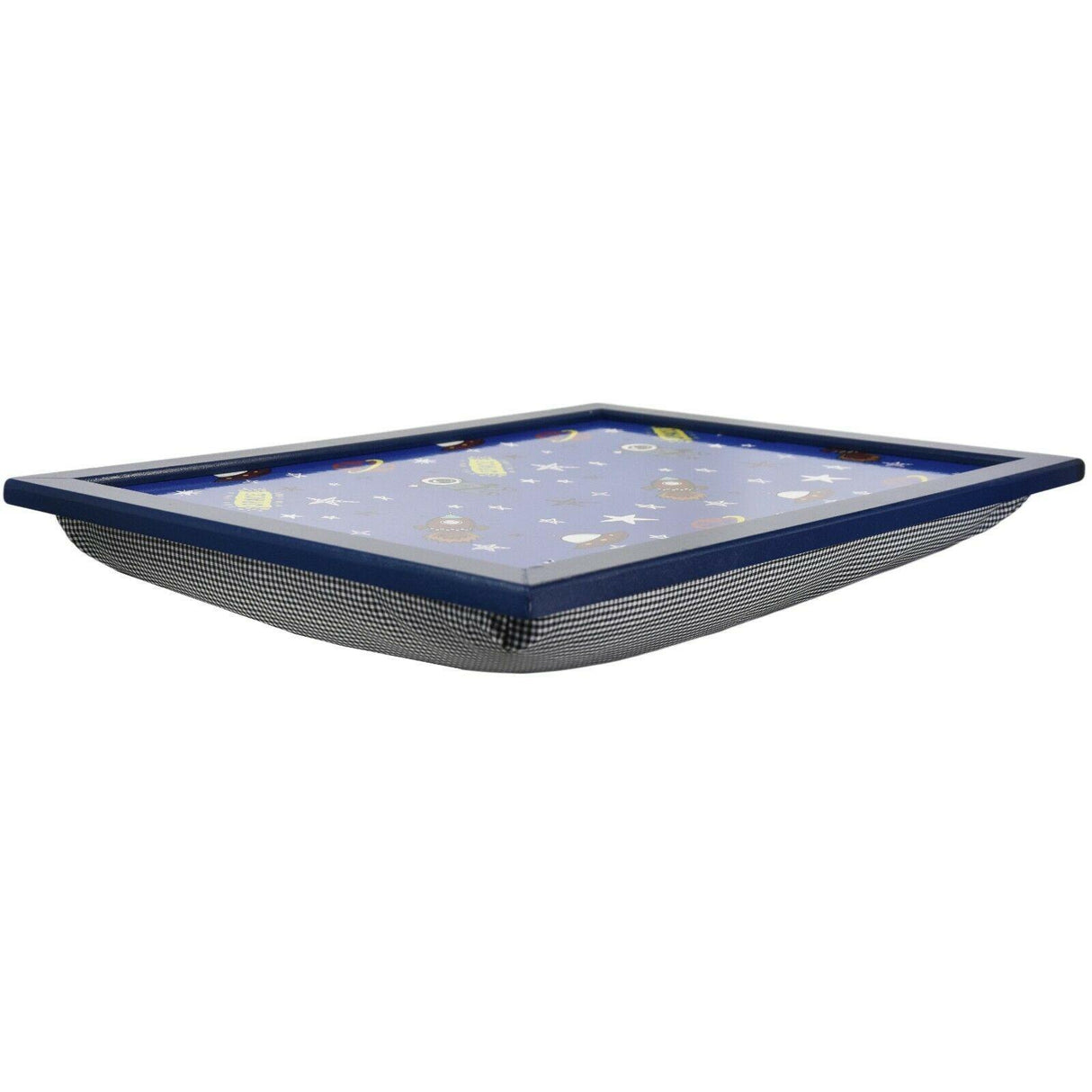 A blue and white checkered tray with a flat, square shape and a mesh bottom. The tray has a flat, square shape and a mesh bottom, with a blue and white checkered pattern on the top. - UKBuyZone