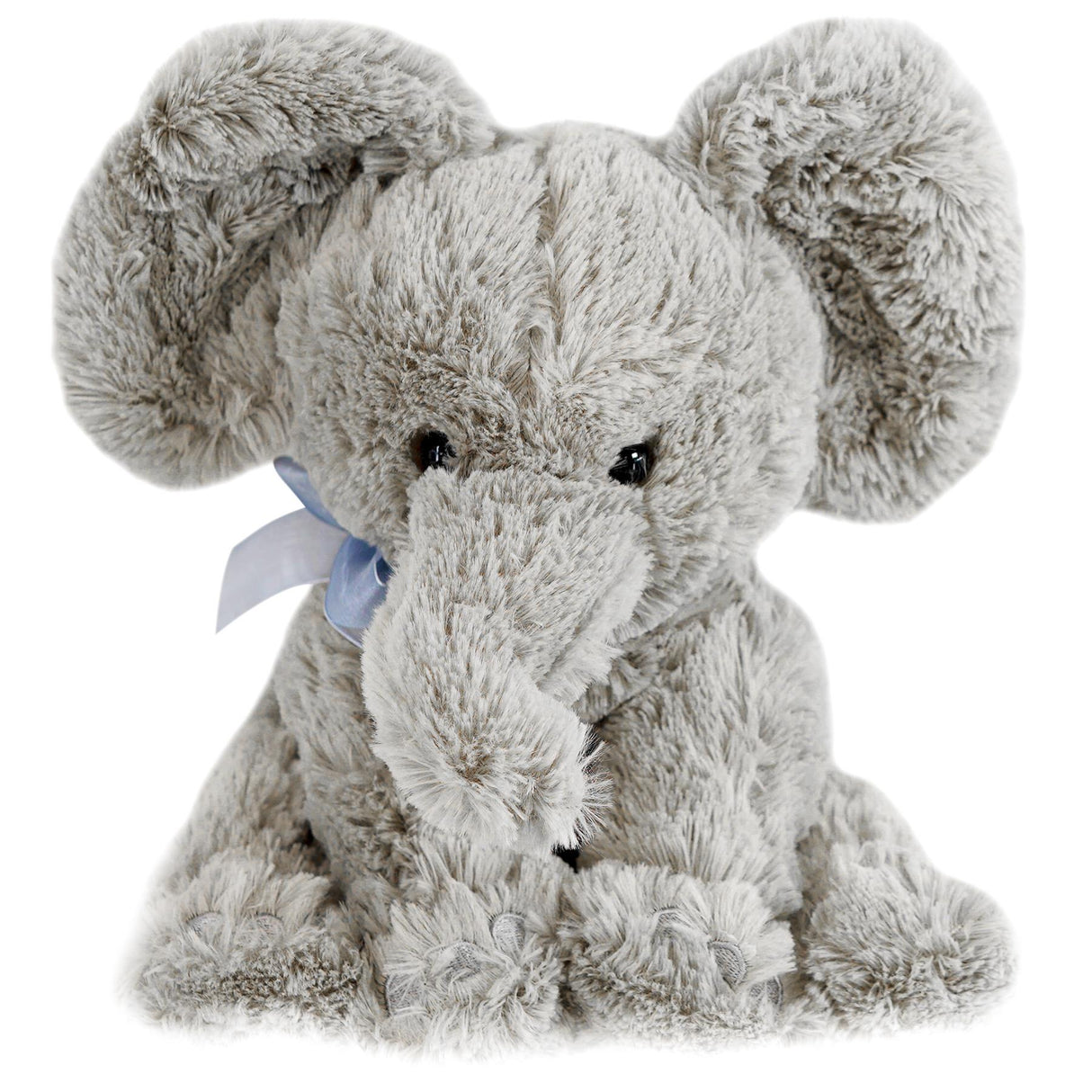 A plush, soft-toy elephant with a gentle, pale grey hue, featuring a large, floppy ear and a sweet, endearing expression. - UKBuyZone